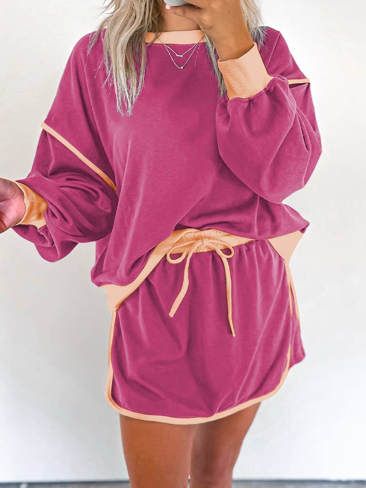 Rose Red Color Contrast Loose Pullover and Lace-up Waist Skort Set for wholesale by Lillie + Co