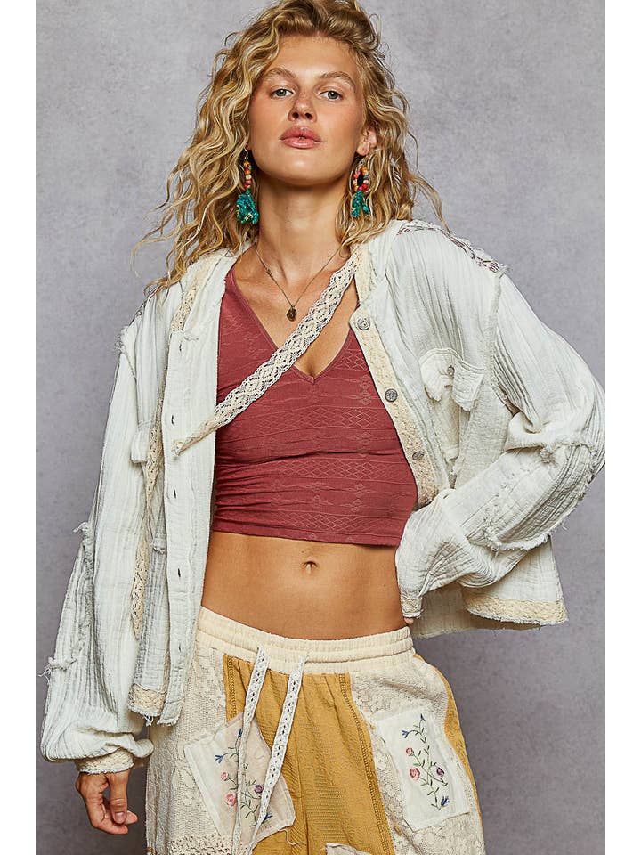 Pol Clothing - Wholesale Jacket - Women's - Vintage washing double gauze stitch detail hoodie jacket10