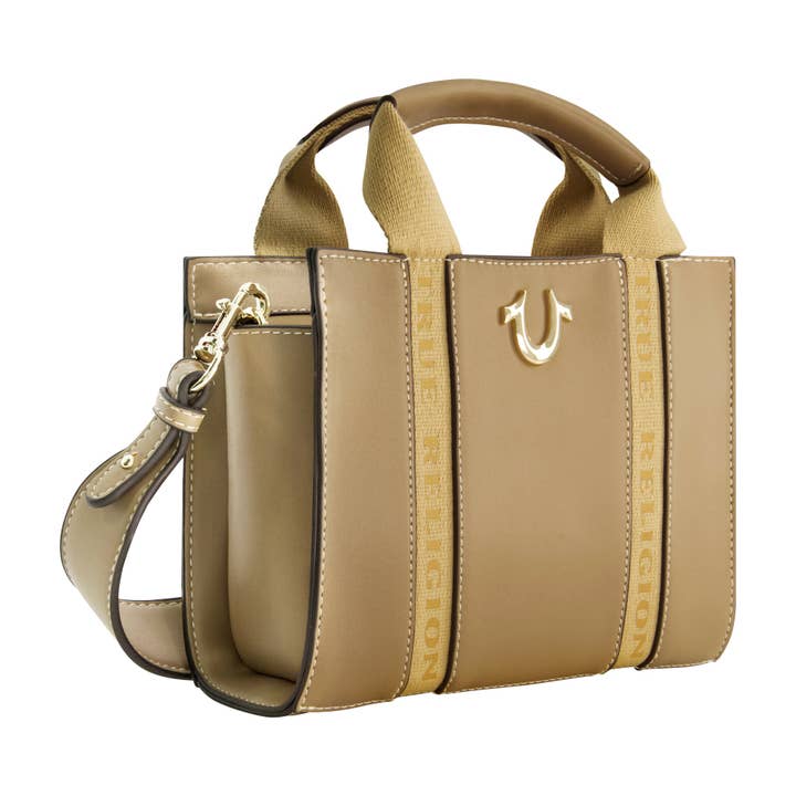 True Religion - Wholesale Tote Bag - Women's - True Religion Licensed Faux Leather Mini Tote Bag with Branded Straps, TAUPE