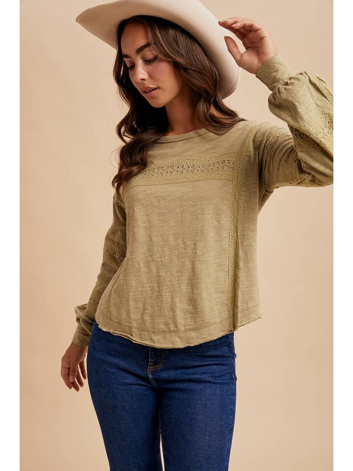 In Loom - Wholesale Blouse - Women's - GARMENT WASHED LACE INSET LONG SLEEVE TOP16