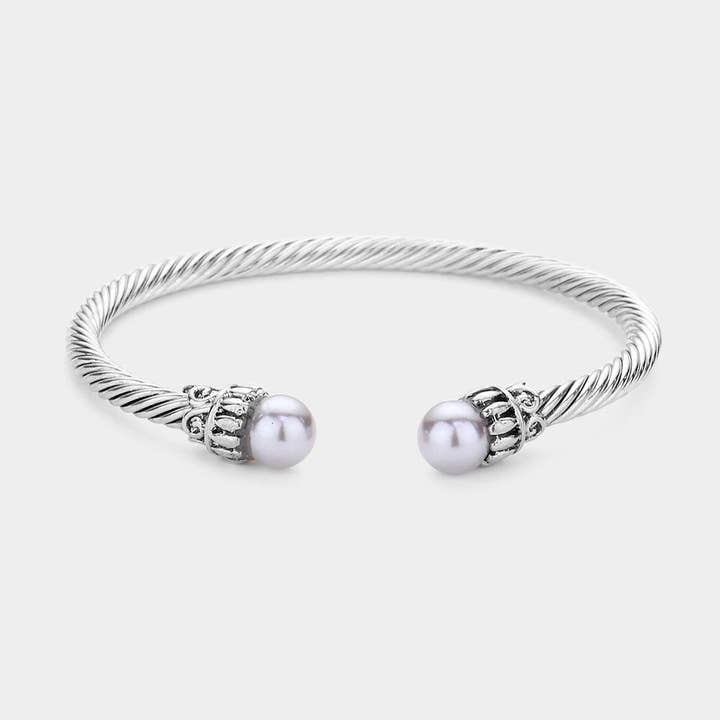 Twisted Metal Pearl Tip Cuff Bracelet for wholesale by Sensibling Corp.