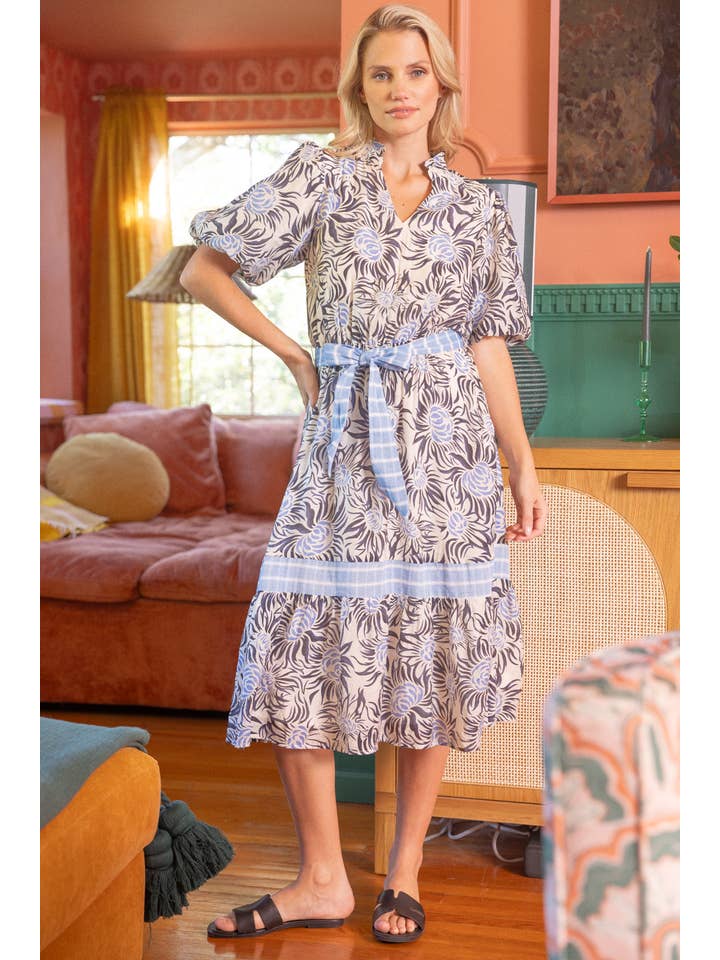 Navy 35354 Floral Print Contrast Stripe Midi Dress for wholesale on Faire