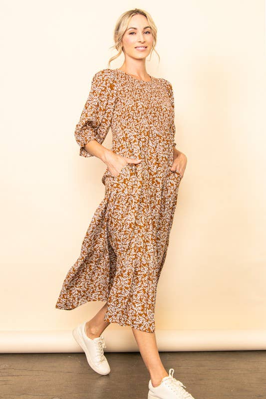 Elloh Collection - Vendita all'ingrosso Vestito - Donna - Abito midi vintage a fiori con smock a balze e tasche6