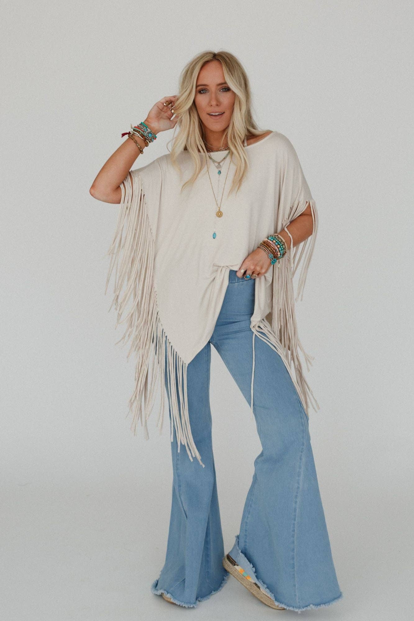 Three Bird Nest - Wholesale Knit Top - Women's - Western Showstopper Fringe Top - Oat7