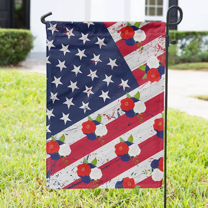 Garden Flag - USA America 4th of July Flag with Flowers for wholesale by Boutique Monogram