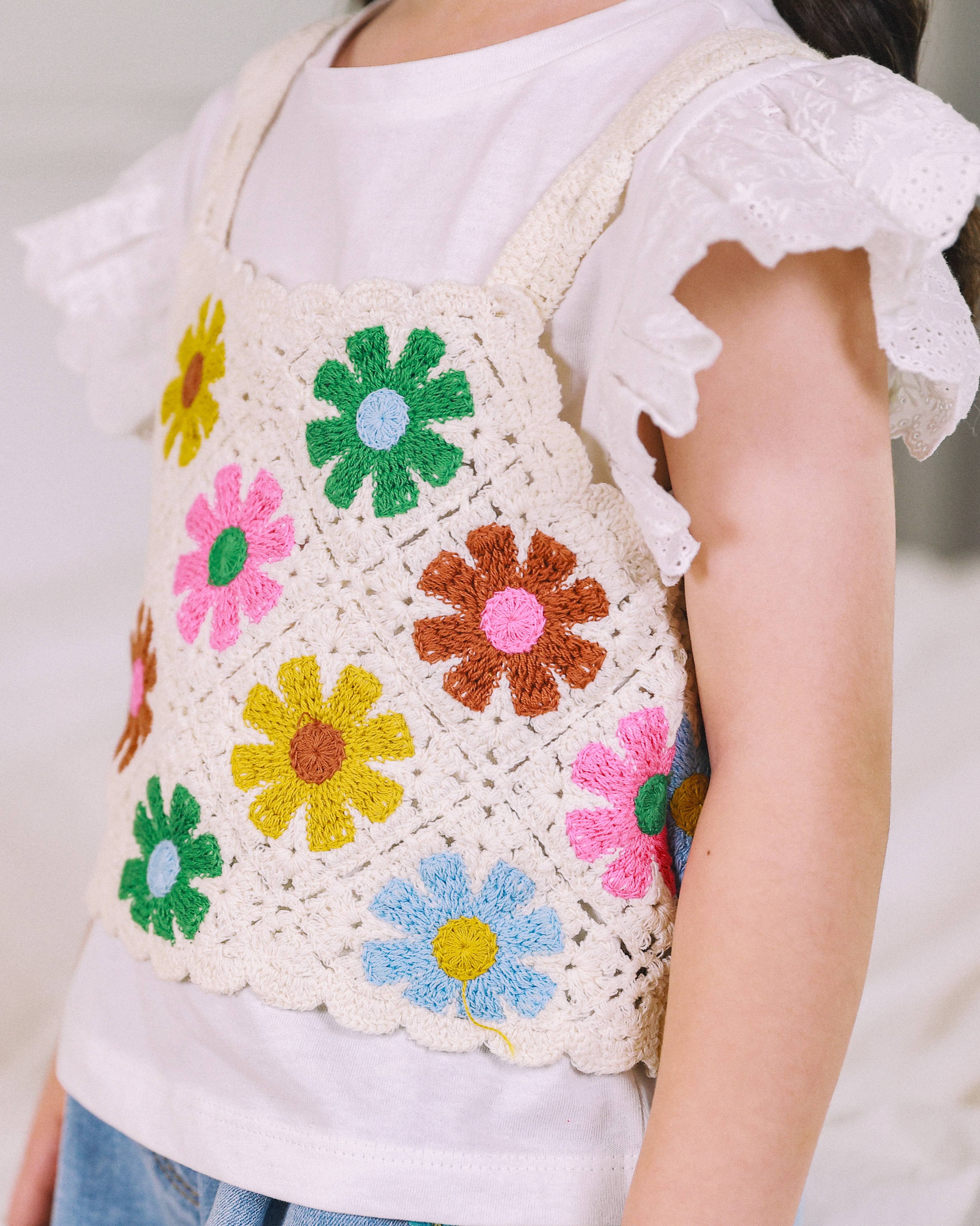 ToTo Heros - Wholesale Knit Top - Kids - Gia Floral Pattern Crocheted Cropped Knit Vest8