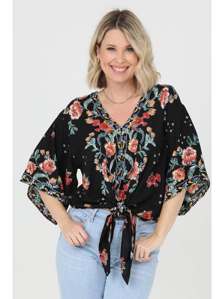 Nostalgia - Wholesale Blouse - Women's - N2Q81-A652 WIDE SLEEVE TIE WAIST V NECK BLOUSE
