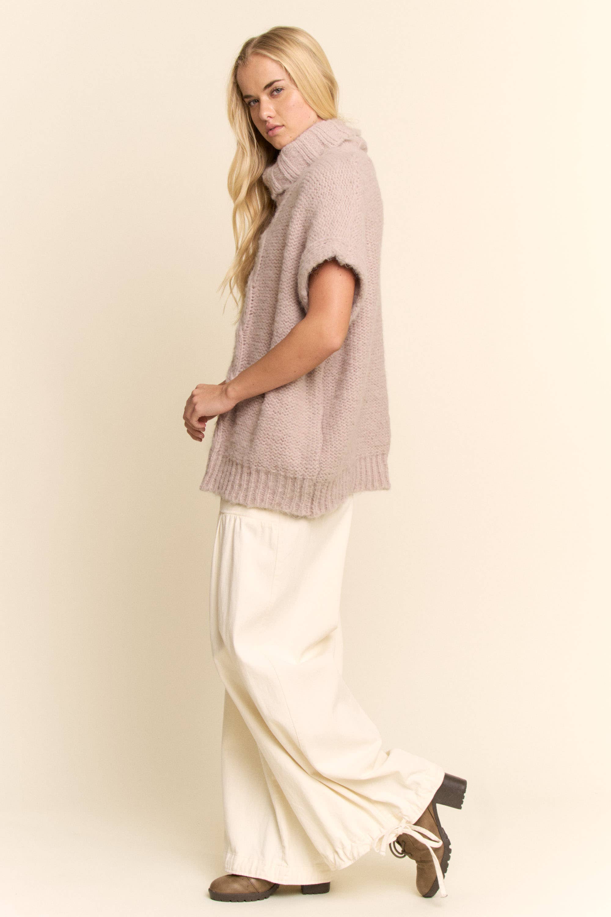 Taupe CABLE KNIT MOCK NECK SWEATER VEST for wholesale on Faire9