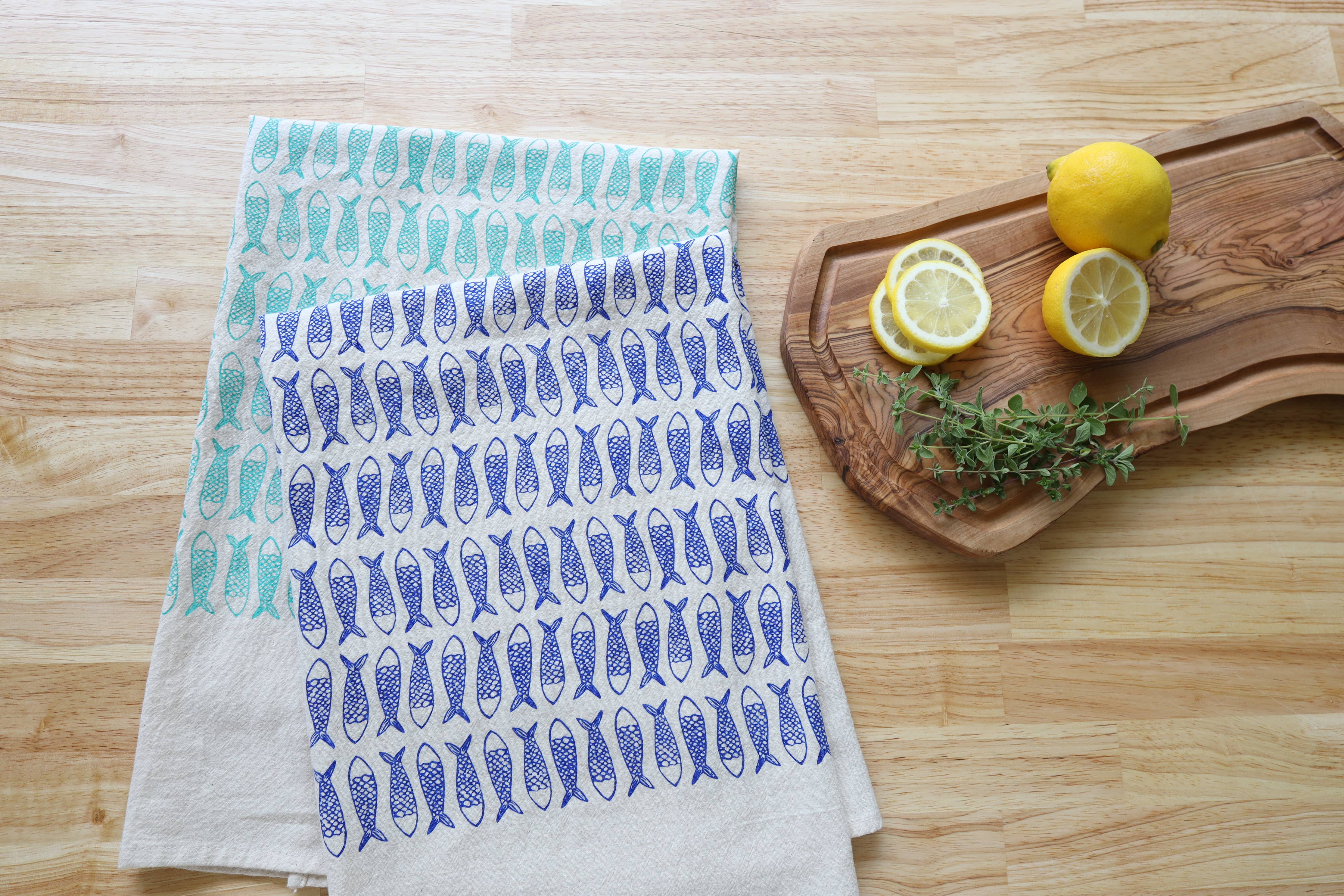 The High Fiber - Wholesale Tea Towel - Fish Kitchen Towel, Handprinted Tea Towel, Coastal Towel1