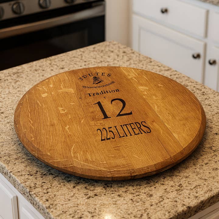 Wine Barrel Head Lazy Susan – 21″ Reclaimed Oak Barrel Top for wholesale by Sono Inspired