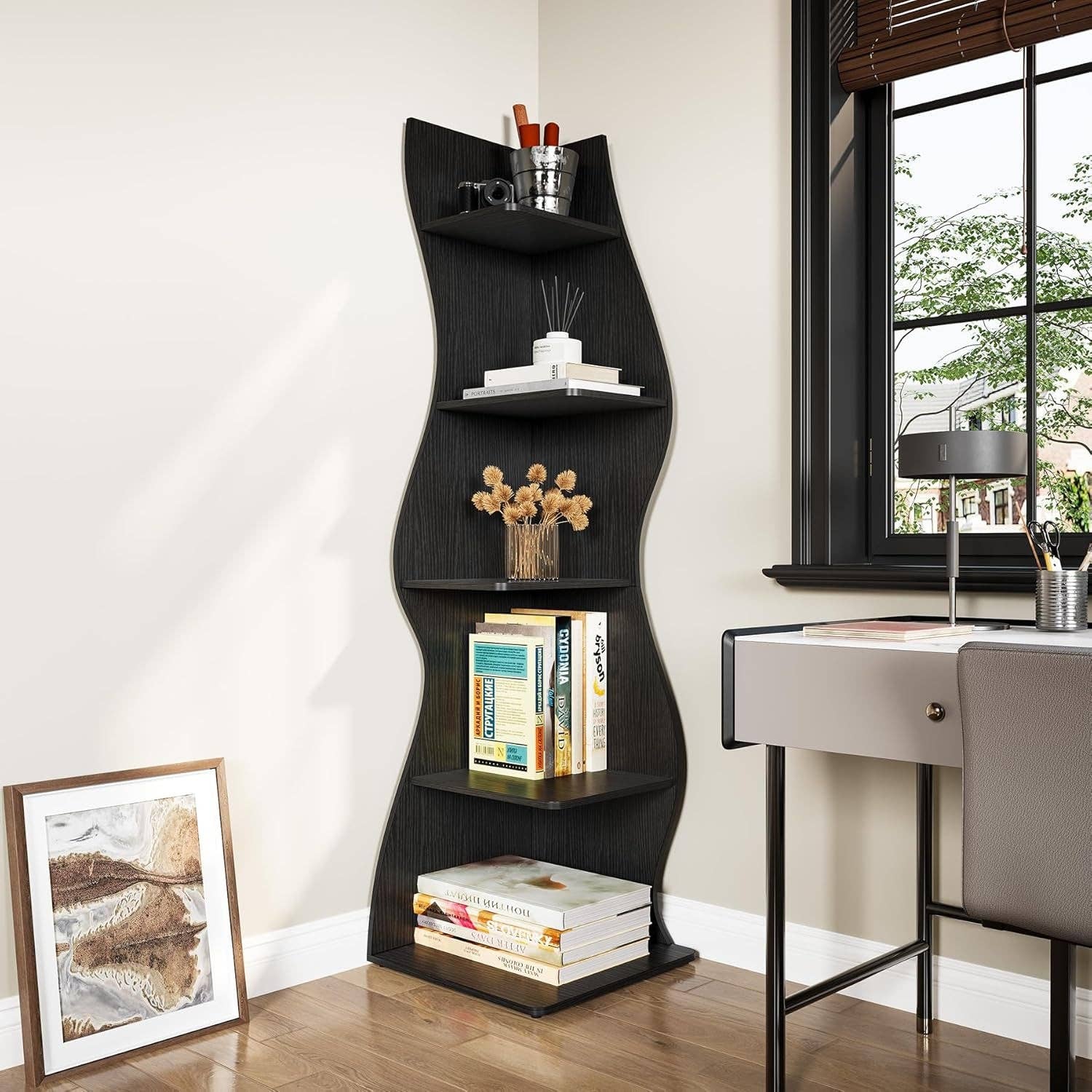 Black White 5 Tier Corner Shelf Wall Bookcase For Small Spaces for wholesale on Faire4
