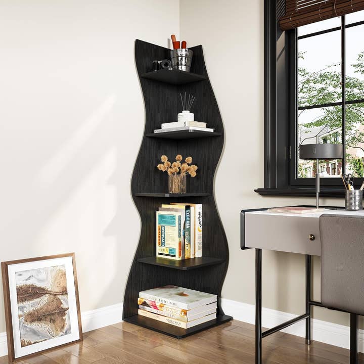 Black White 5 Tier Corner Shelf Wall Bookcase For Small Spaces for wholesale on Faire4