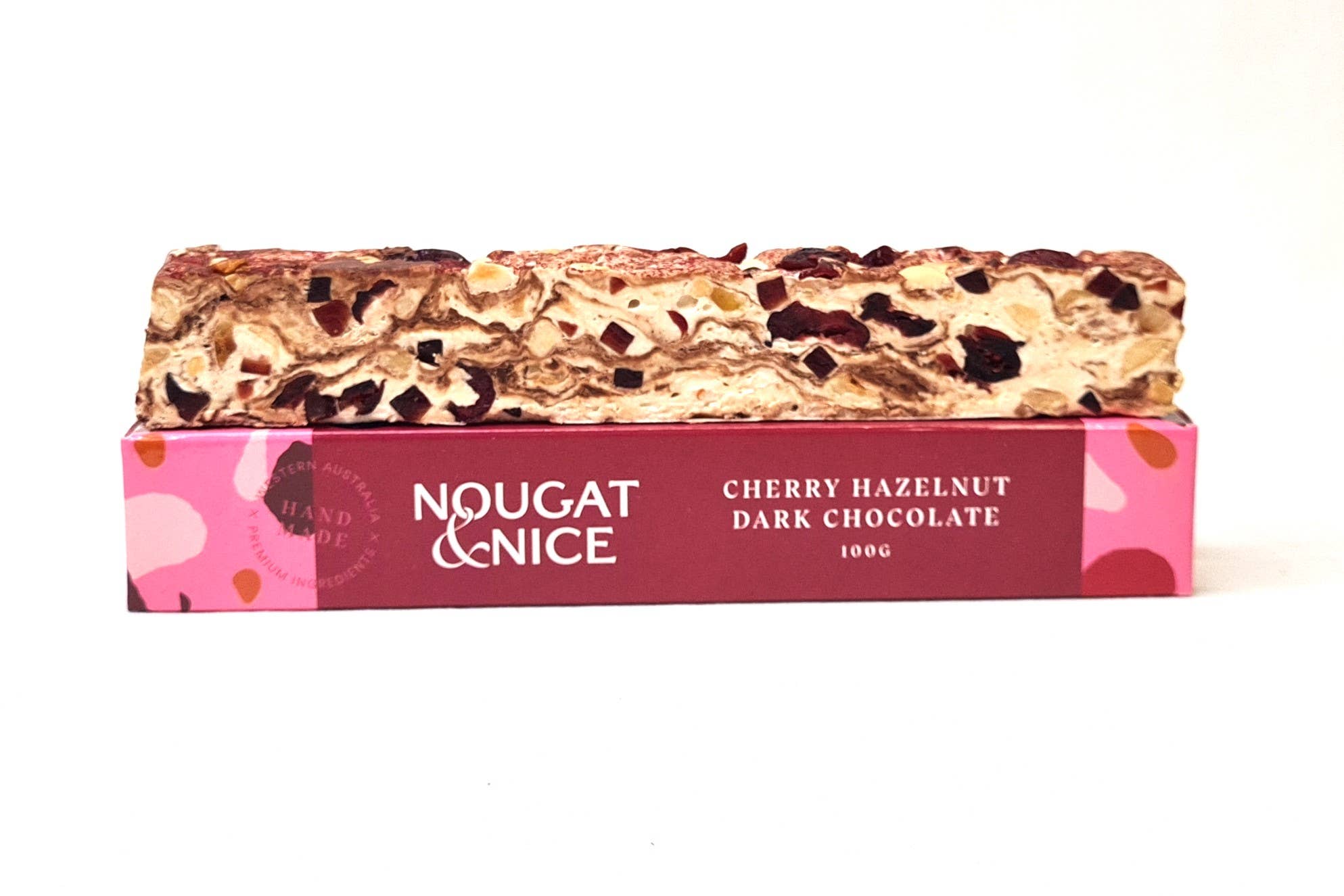Nougat & Nice - Wholesale Nougat - Cherry Hazelnut & Dark Chocolate Nougat | 100g Bar2