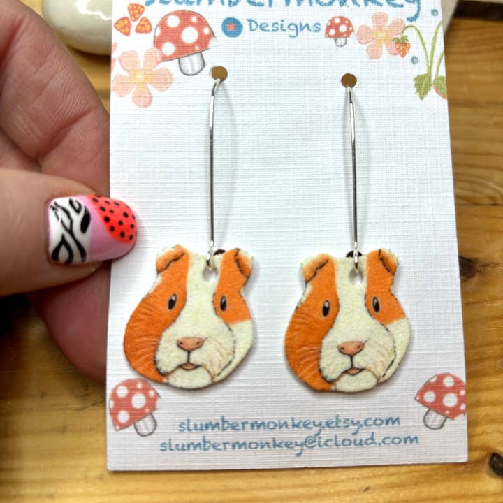 Guinea Pig Drop Earrings, Original Illustration, Handmade. for wholesale by Slumbermonkey Designs