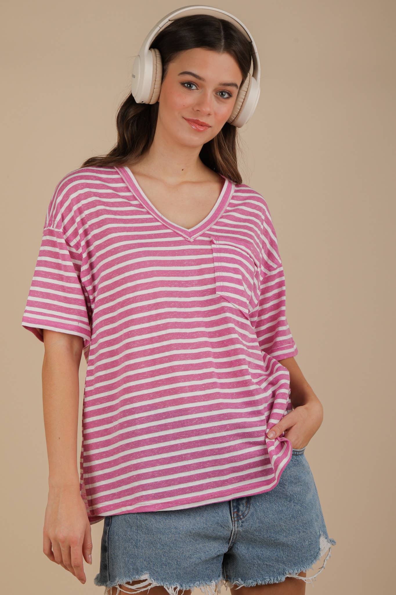 VERY J - Wholesale Knit Top - Women's - NT12167-Oversized Stripe Casual V-Neck Knit Top4