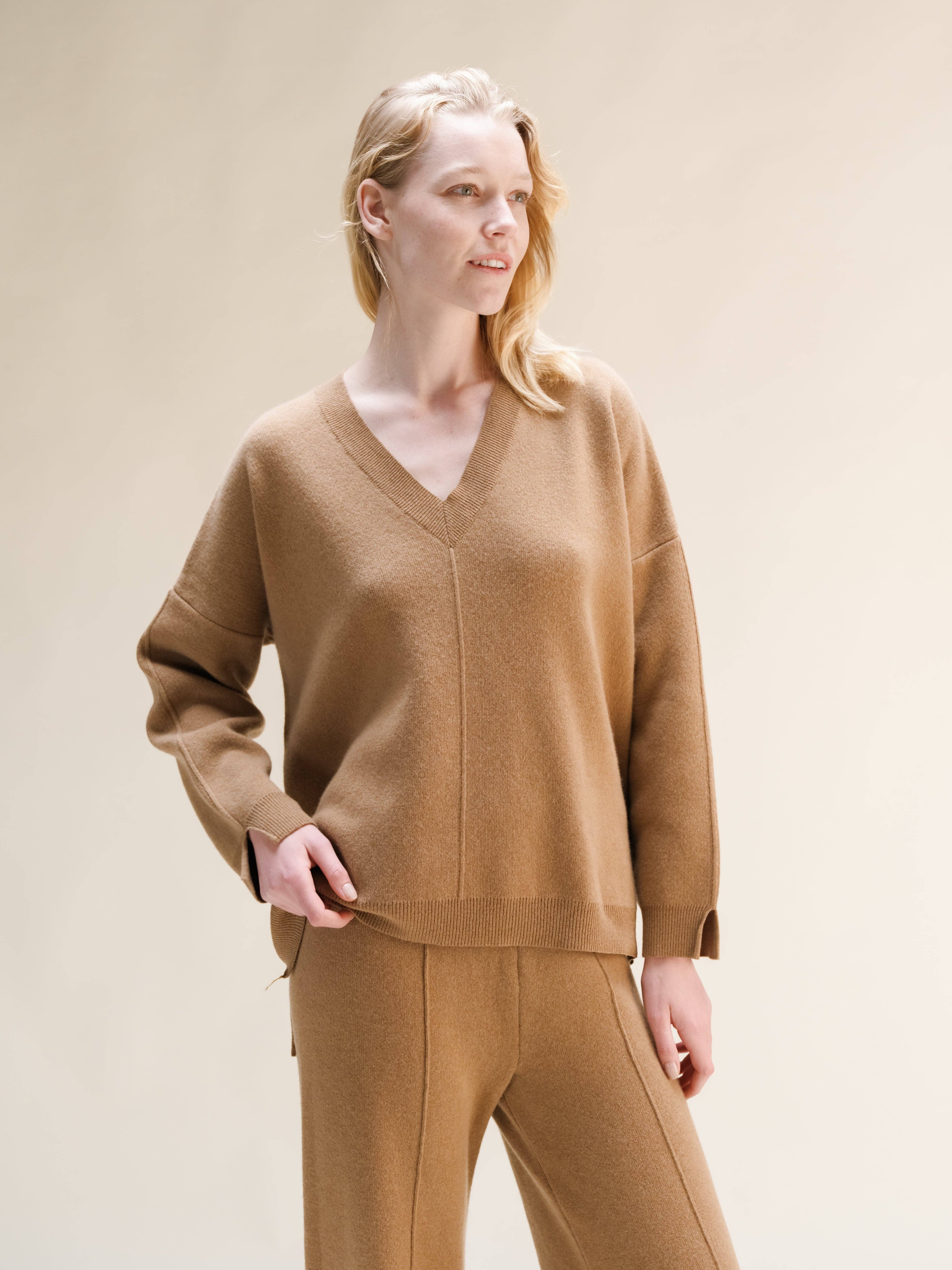 Lèmme - Venta al por mayor Jersey de punto - Mujer - Maxi de Cuello en V Sólido con Mezcla de Cachemira y Aberturas Laterales19