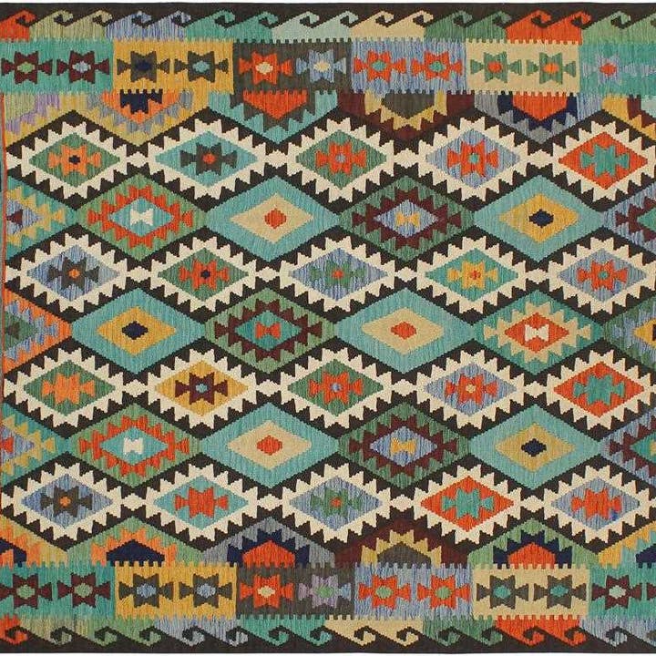 Abstrakter türkischer Kelim Kam Blau/Brauner Wollteppich — 6'2" x 8'2" für den Großhandel von Arshs Fine Rugs