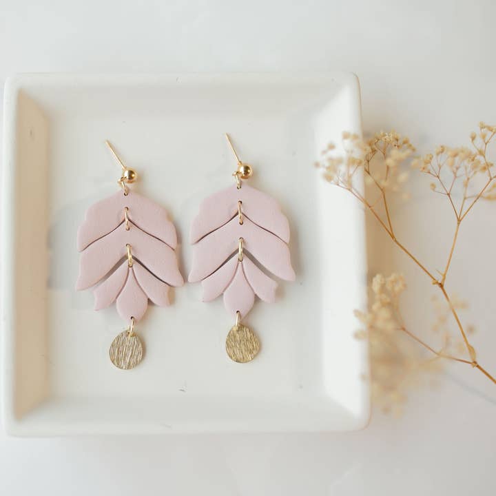 Clay earring | blush leaves | pink collection for wholesale by Hazel n Blue