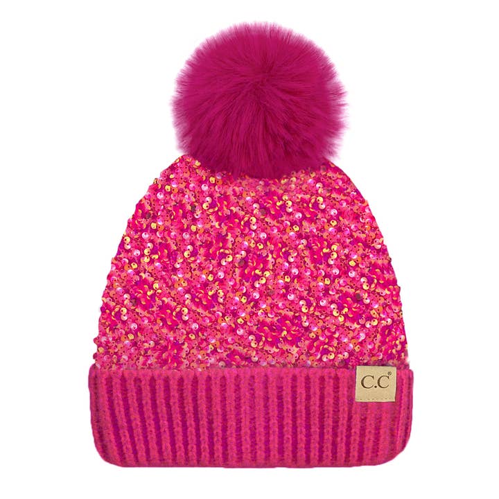 Funky Junque – wholesale Mössa - Barn – Barn paljett mössa w/fuskpäls pom - varm rosa