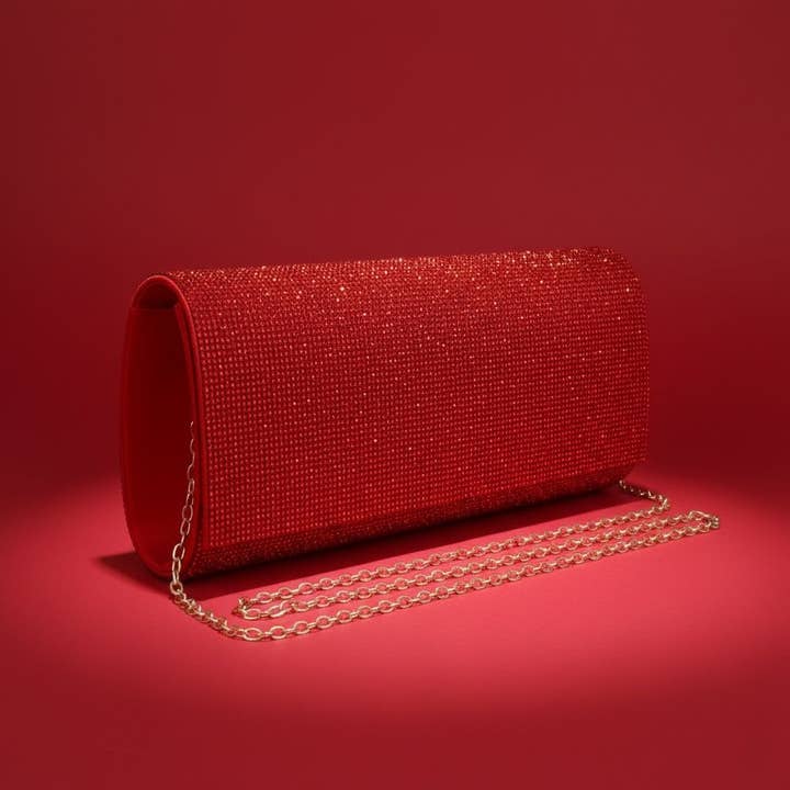 Pochette de soirée longue rouge à rabat avec strass pour la vente par PinktownUSA
