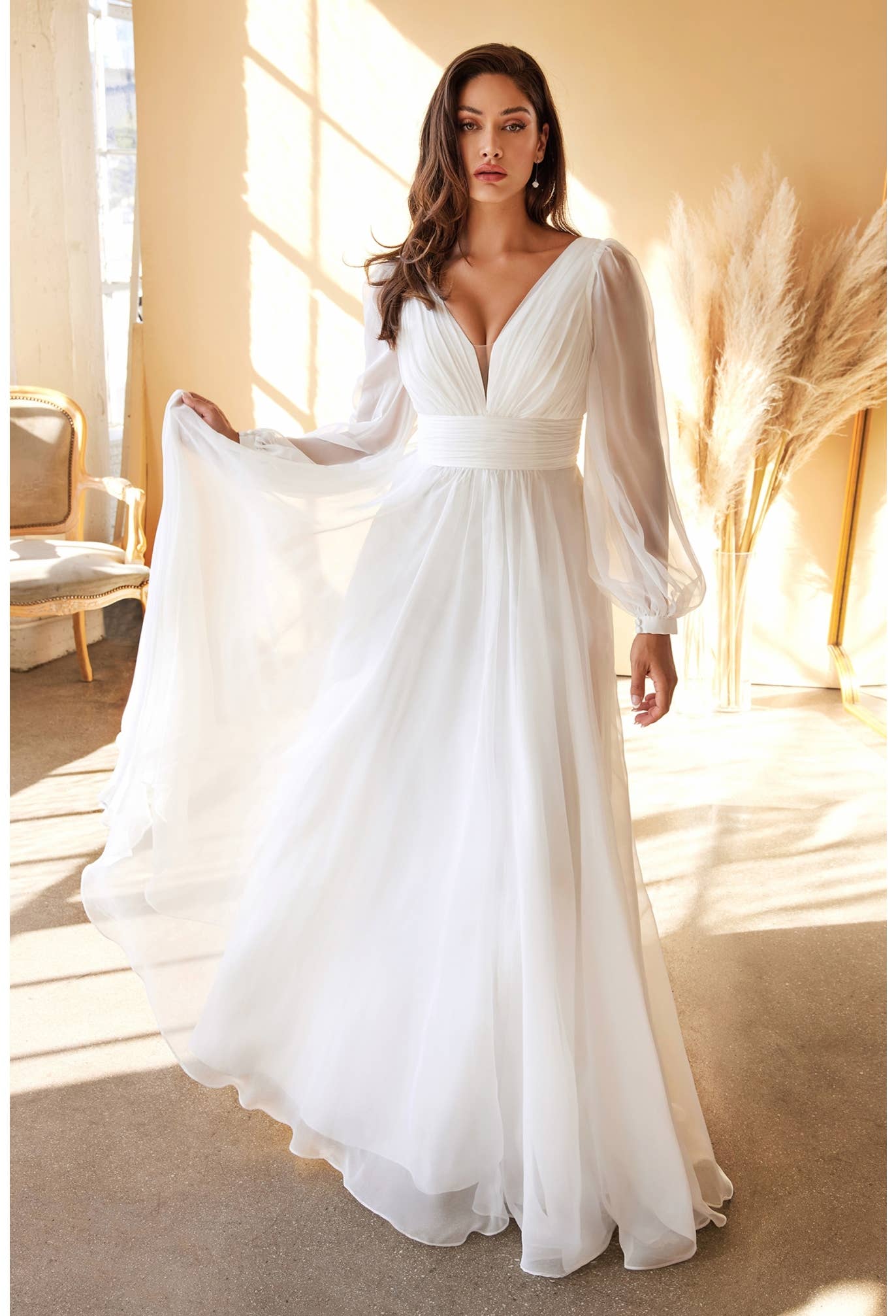Off White Chiffon Long Sleeve Bridal Gown for wholesale on Faire3