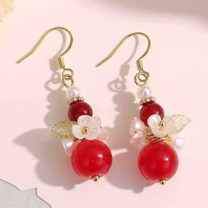 E267 rote Glasperlen-Blumenohrringe, Frucht-Ohrringe zum Baumeln für den Großhandel von Melange Blanc