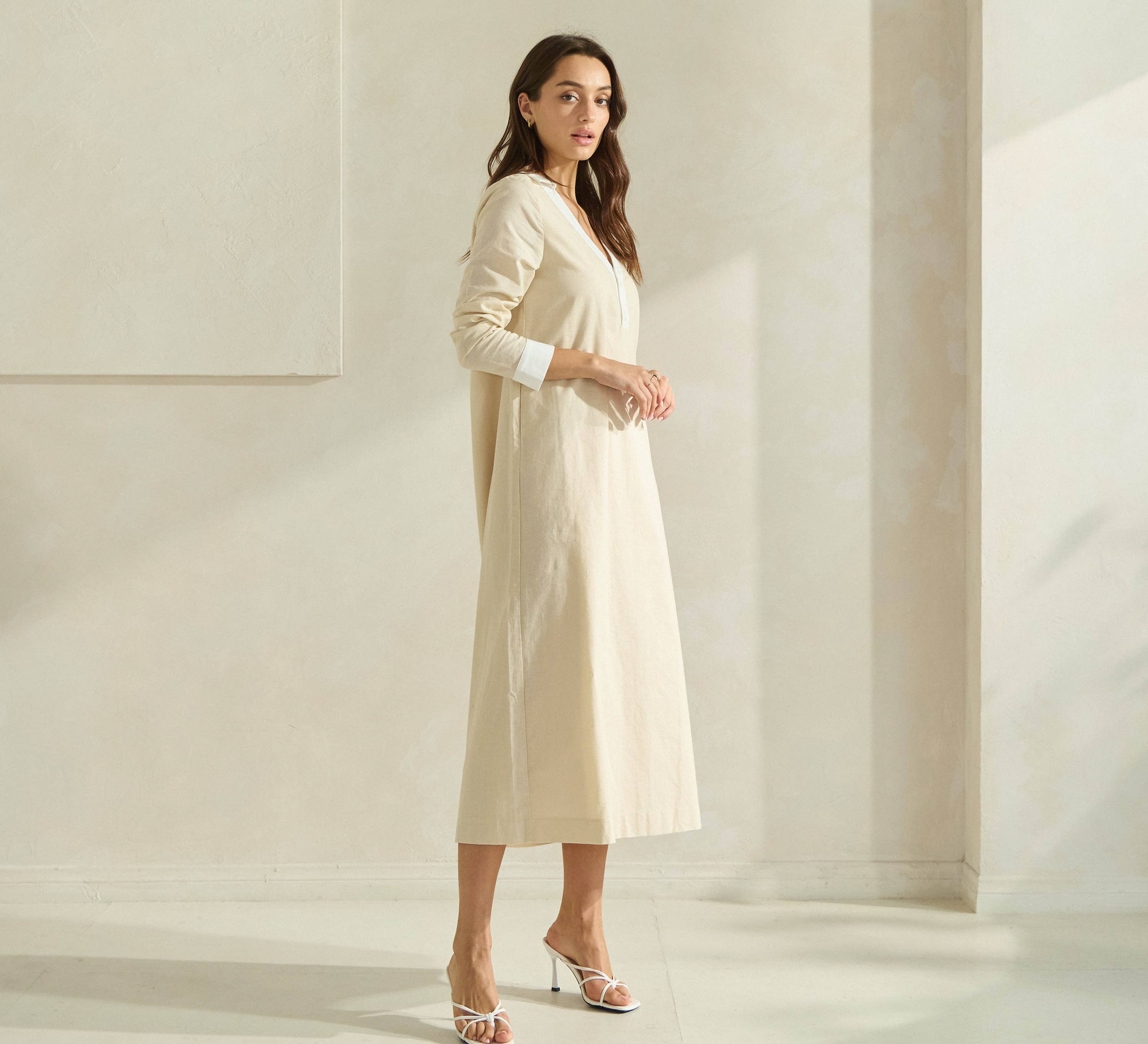 PINK ORANGE Contrast Trim Linen Dress for wholesale on Faire6