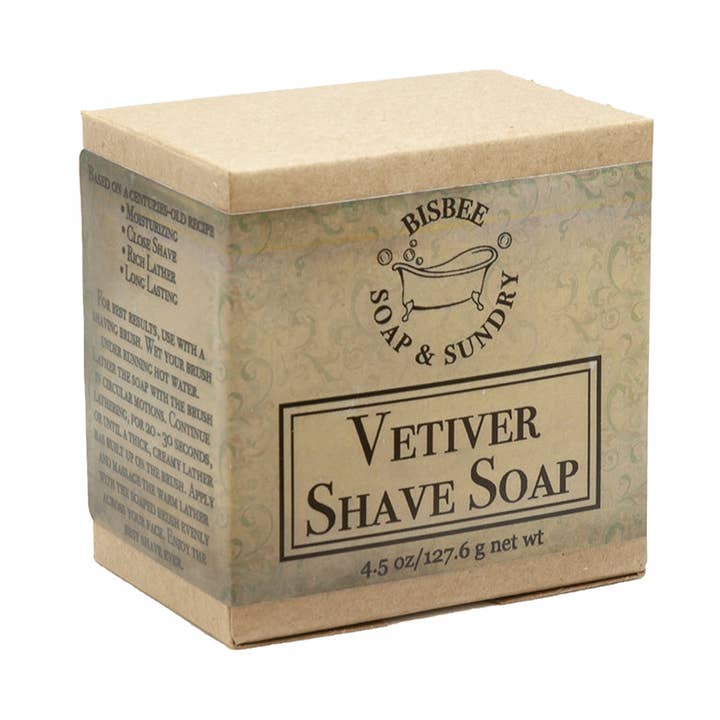 Jabón de afeitar vetiver, 4.5 oz. para venta al por mayor de Bisbee Soap & Sundry