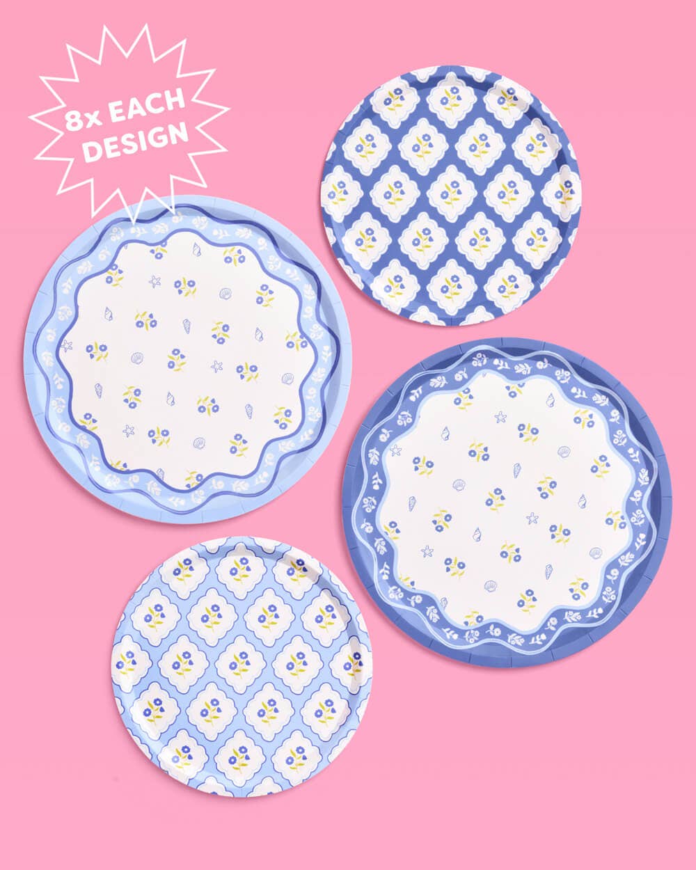 xo, Fetti - Vente Assiette jetable - Assiettes côtières bleu blanc - 32 assiettes en papier, 2 tailles 9" + 7"2