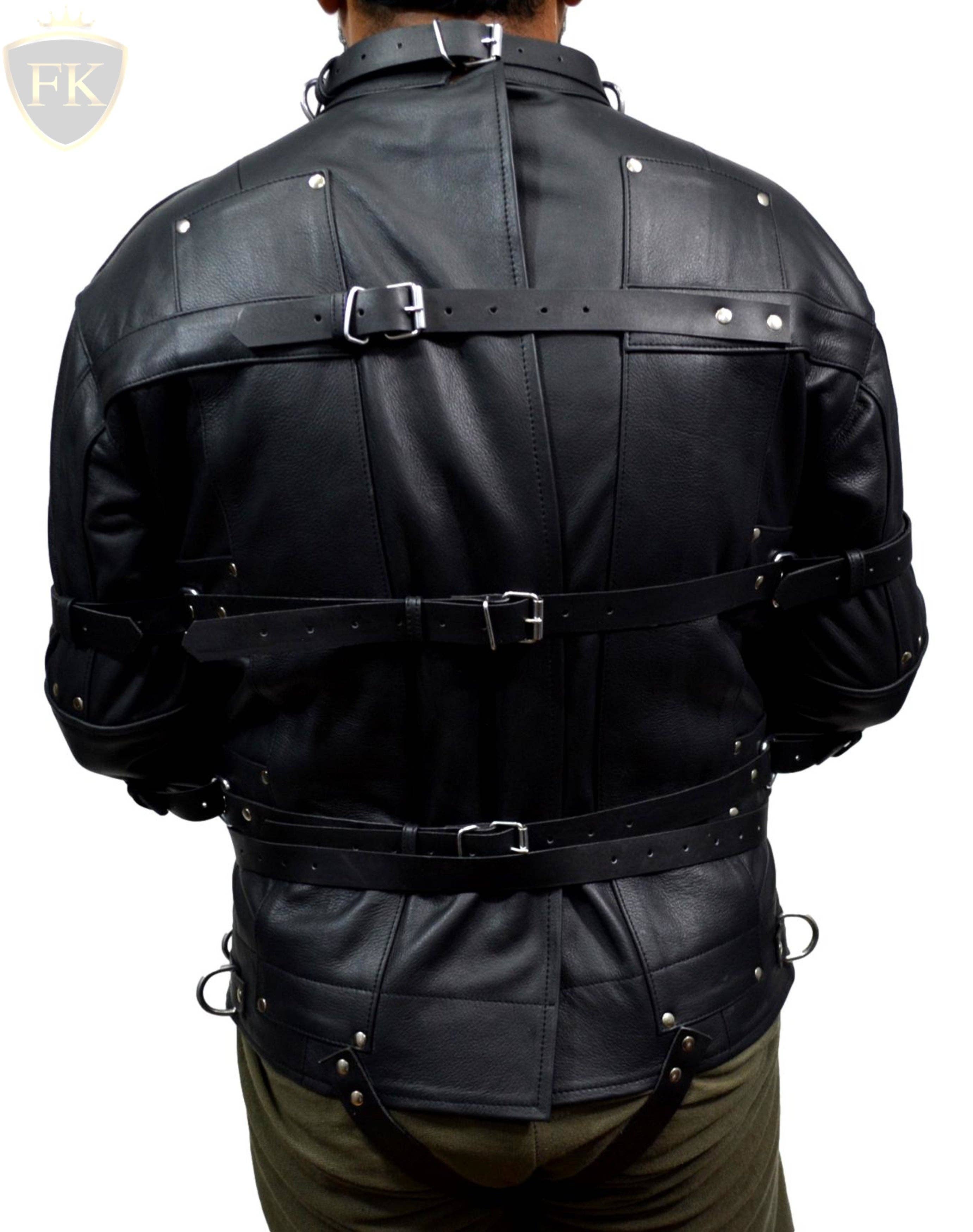Meninleather – wholesale Leather jacket – Men′s – Men Leather Straitjacket Straight jacket with Locking Buckles Belts3