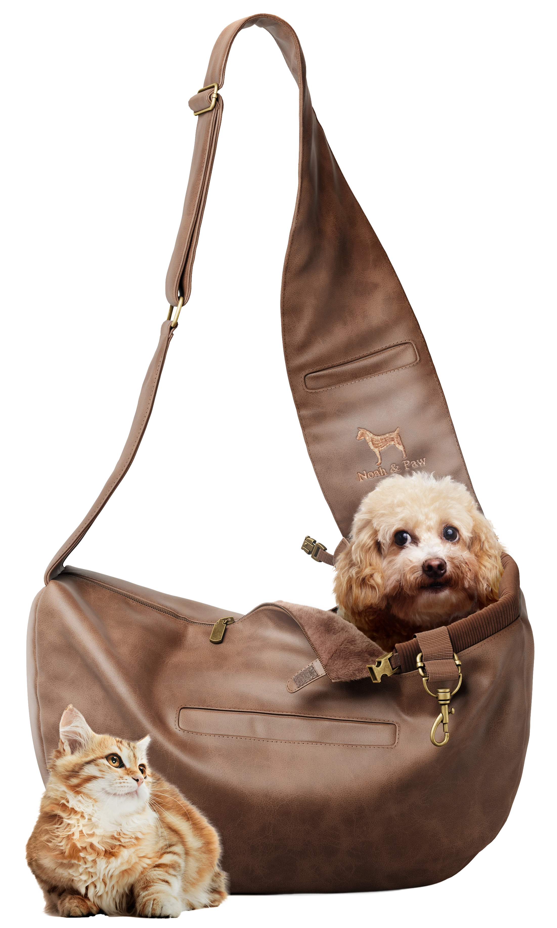NOAH AND PAW LLC - Vente Caisse de transport – chat et chien - Porte-animal en bandoulière en cuir vegan avec triple sécurité14