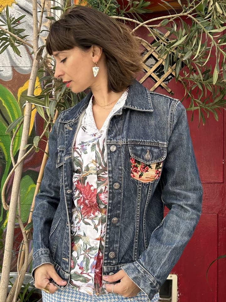 Frankie - Wholesale Denim Jacket - Women's - Upcycled denim jacket with vintage needlepoint2