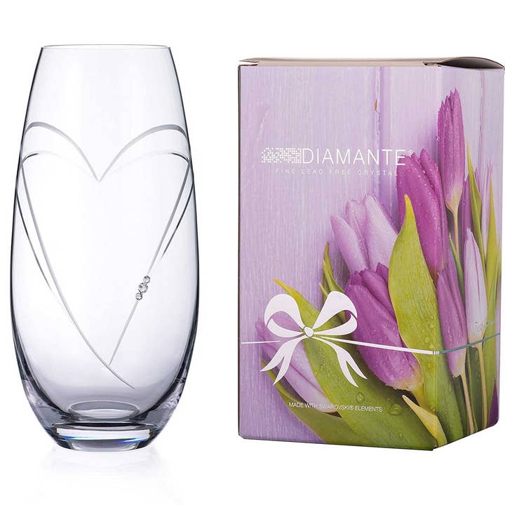 Diamante Heart In Heart Hand Cut Crystal Barrel Vase With S for wholesale by DIAMANTE