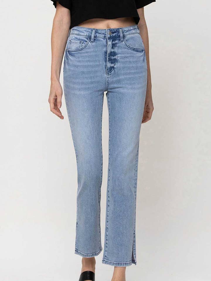 HA BARMHÄRTIGHET SUPERHÖGA RAKA JEANS MED CROP SIDE SLITS V2407 för wholesale på Faire