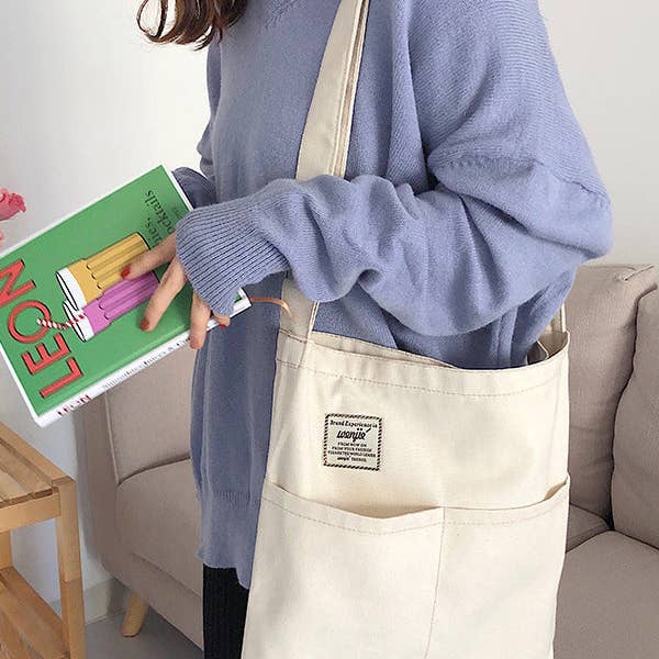 UZ Wholesale Store - Wholesale Tote Bag - Women's - Simple Solid Color With-pockets Canvas Handbag