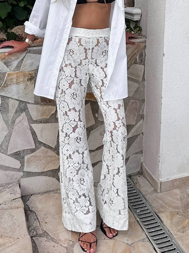 WHITE CWBLP1938_JACQUARD LACE FLORAL HOLLOW FLARE PANTS for wholesale on Faire0