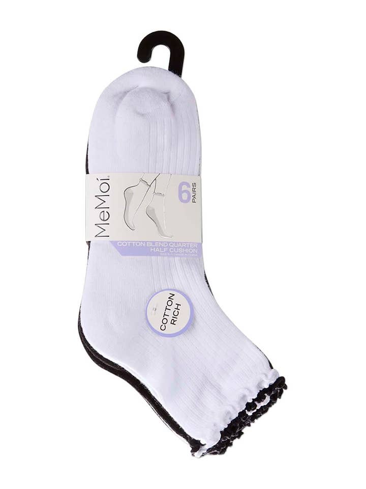 Infinity Classics International Inc. - Wholesale Socks - Women's - Ribbed Picot Cuff Cotton Quarter Sock 6 Pr Pack8