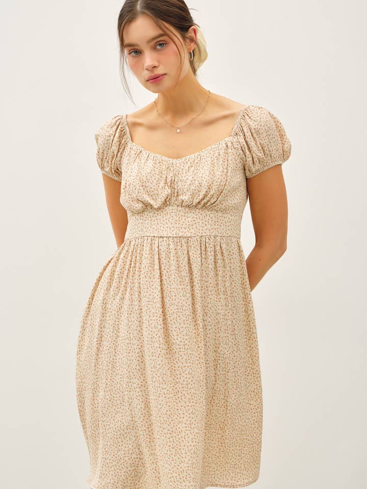 FLORAL PRINT PUFF SLEEVE RUCHED BUST MINI DRESS for wholesale by Be Cool