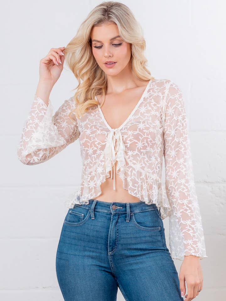 CREAM LT64353T-Flyaway ruffle front tie cardigan for wholesale on Faire