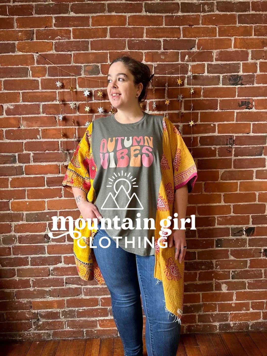 Mountain Girl Clothing - Wholesale Poncho - Women's - Upcycled Kantha Poncho Mix Of Band + Boho Graphic Tees3