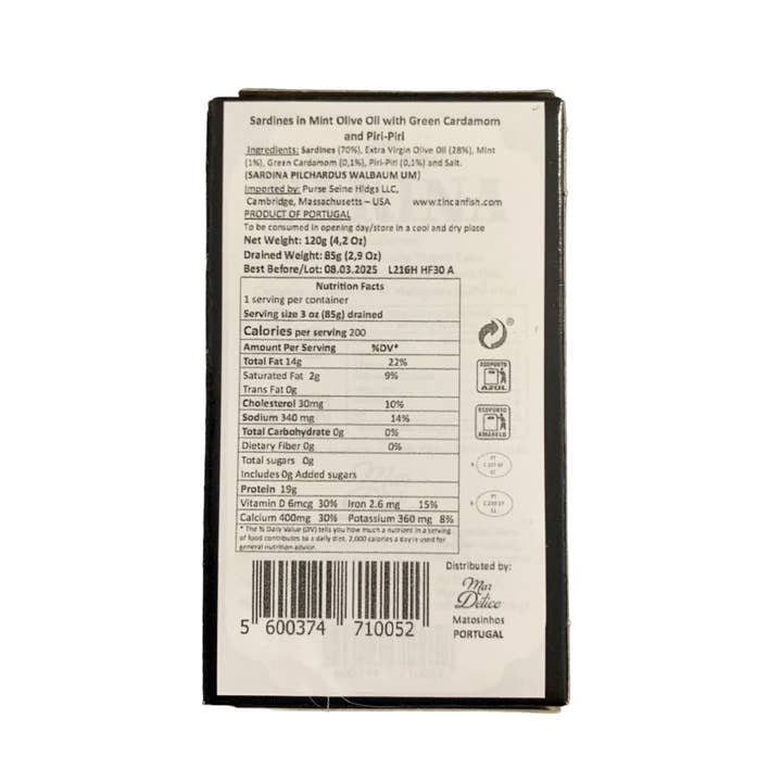 Tin Can Fish ( BELA, Cantara, Mar, Porthos, Varina ) - Wholesale Tinned Fish - Varina Sardines in Mint Olive Oil w/ Green Cardamom and Piri-Piri - 3 Pack1