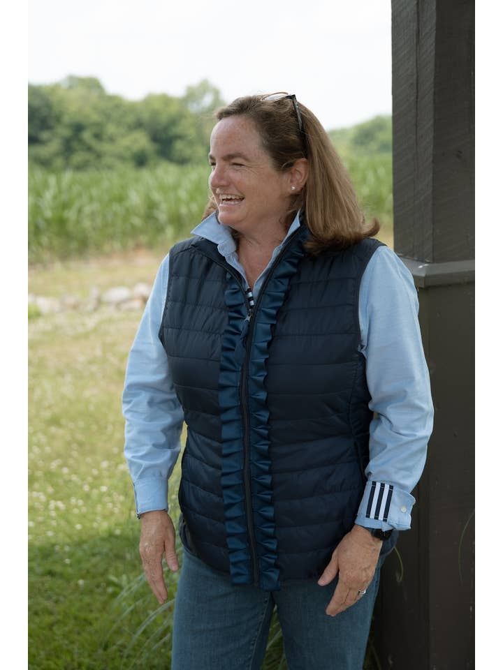 Maggie May Ruffle Puffer Vest - Navy w Navy Ruffled Ribbon for wholesale on Faire4