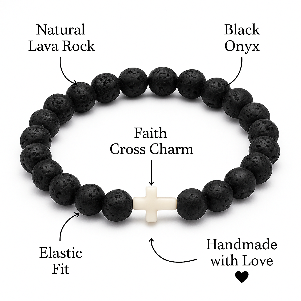 Gemscape UK - Wholesale Beaded Bracelet - Lava Rock & Black Onyx Beaded Bracelet with Cross – Healing 6