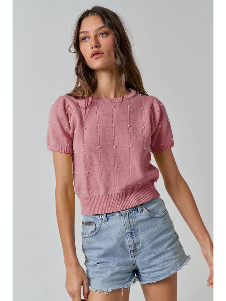 Lalavon - Wholesale Knit Top - Women's - ILT3051Â SWEATER SHORT SLEEVE TOP WITH PEARL DETAIL