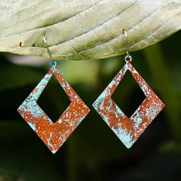Diamond Cut Out Patina'd Brass Earrings for wholesale by Reclaimed & Co. Jewelry