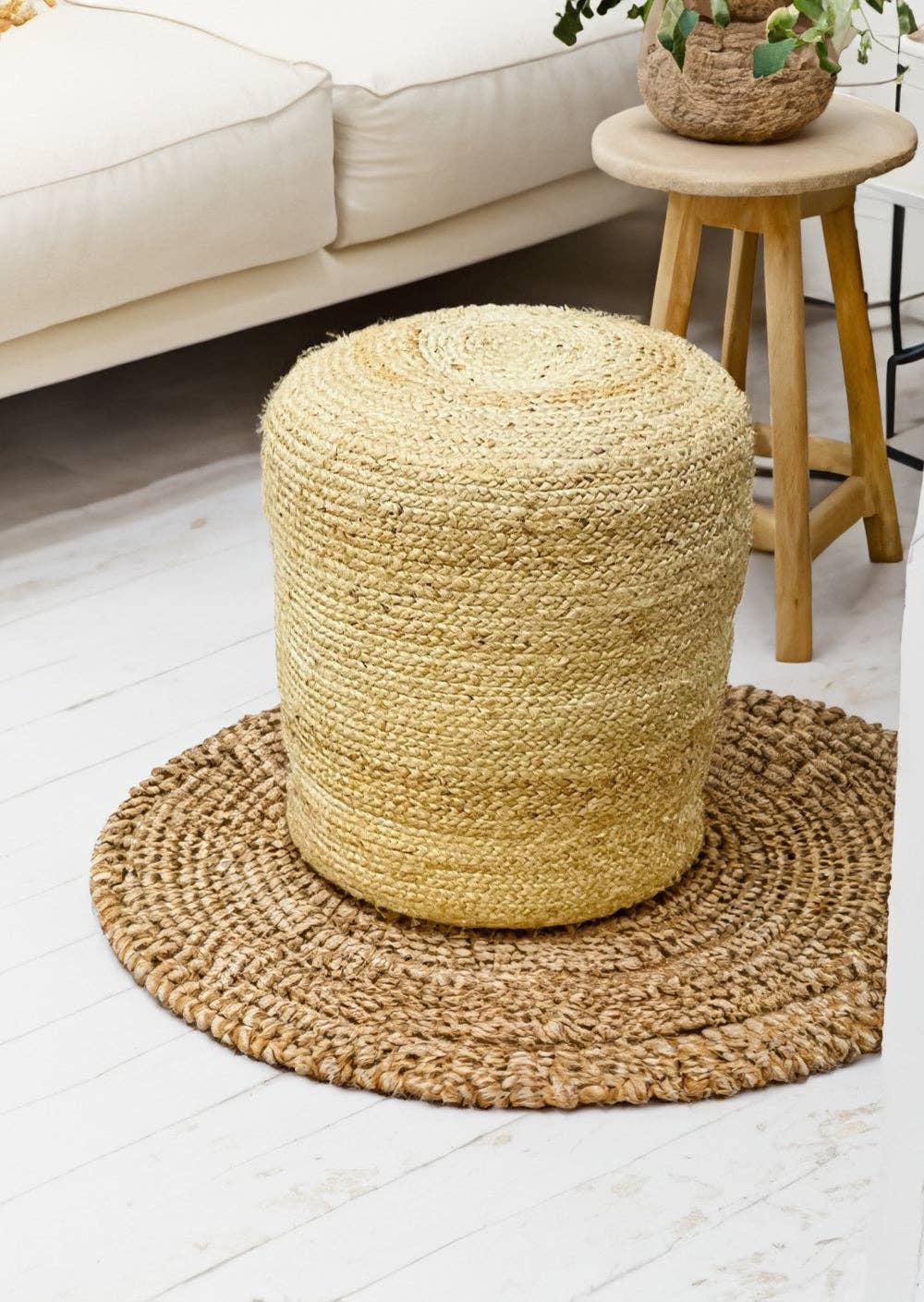 Beige Tall Jute Pouffe – Braided Natural Fibre Footstool for wholesale on Faire1