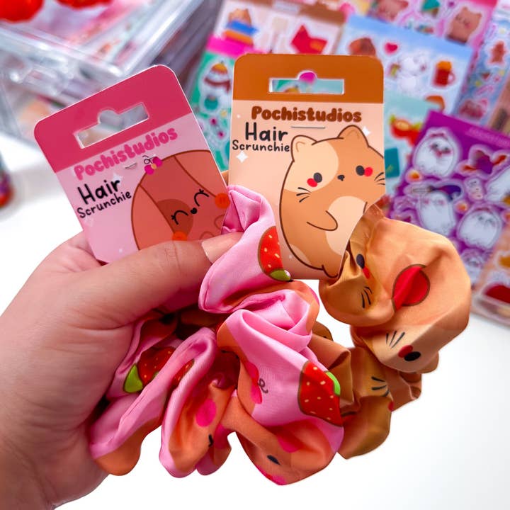 Cute Chubbs Cat & Nina Dog Satin Hair Scrunchies "Choose your Favorite!" for wholesale by Pochistudios