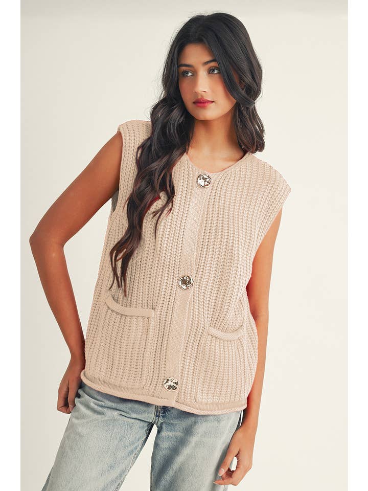 Little Daisy Closet - Wholesale Outerwear Vest - Women's - LDC Solid Textured Knit Side Pockets Buttoned Sweater Vest