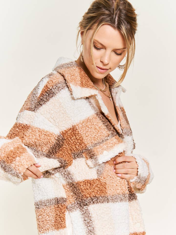 Orange PLUS SIZE Fuzzy plaid teddy jacket JJO1021-1 for wholesale on Faire7
