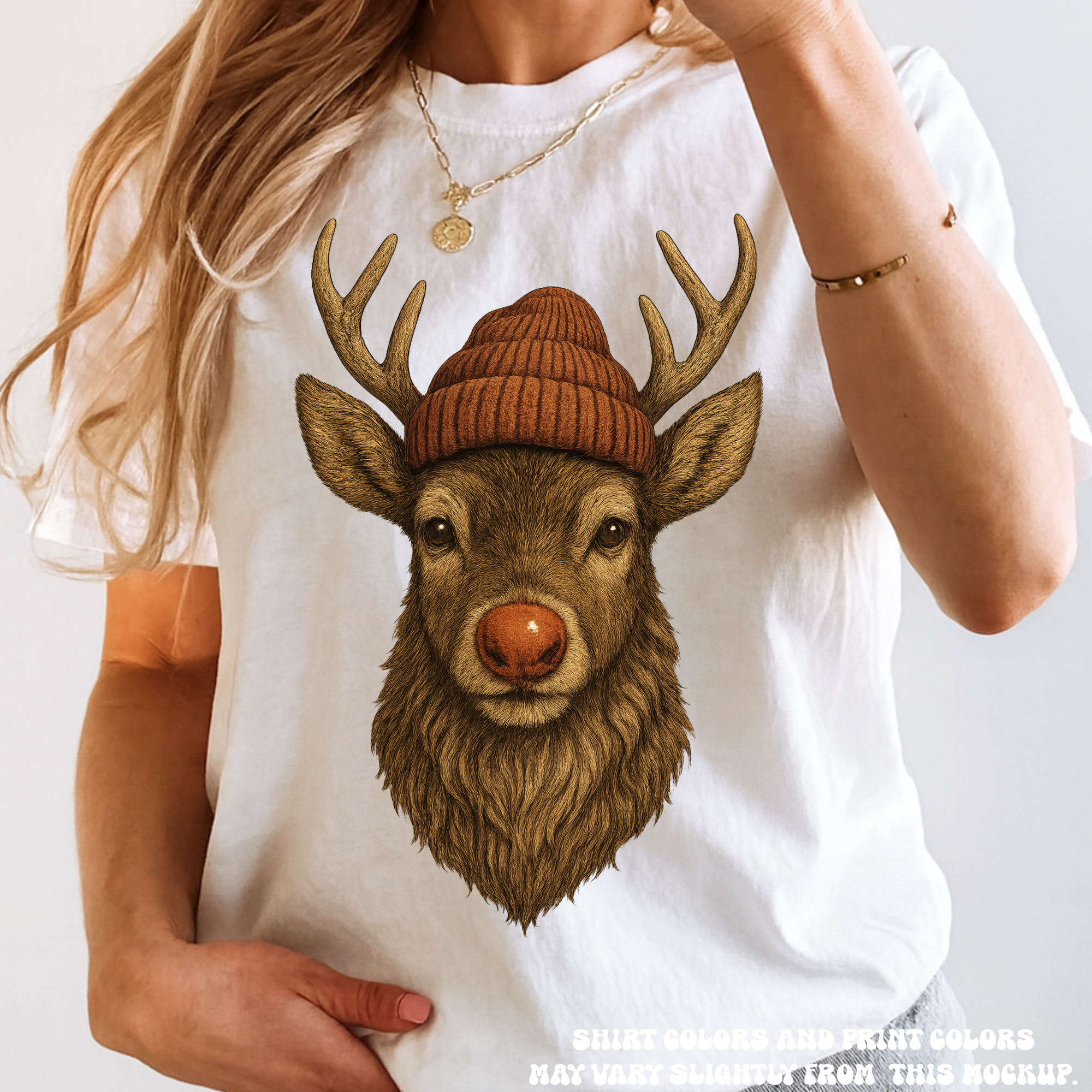 Madi Moosh - Wholesale T-Shirt (Graphic) - Women's - Rudolph  Wearing A Beanie Christmas Shirt - Comfort Colors3